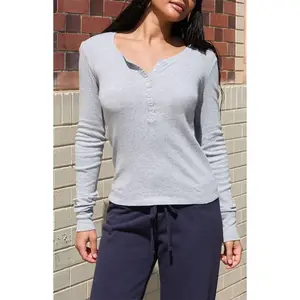 John Galt Women's Silver Long Sleeve Henley Top