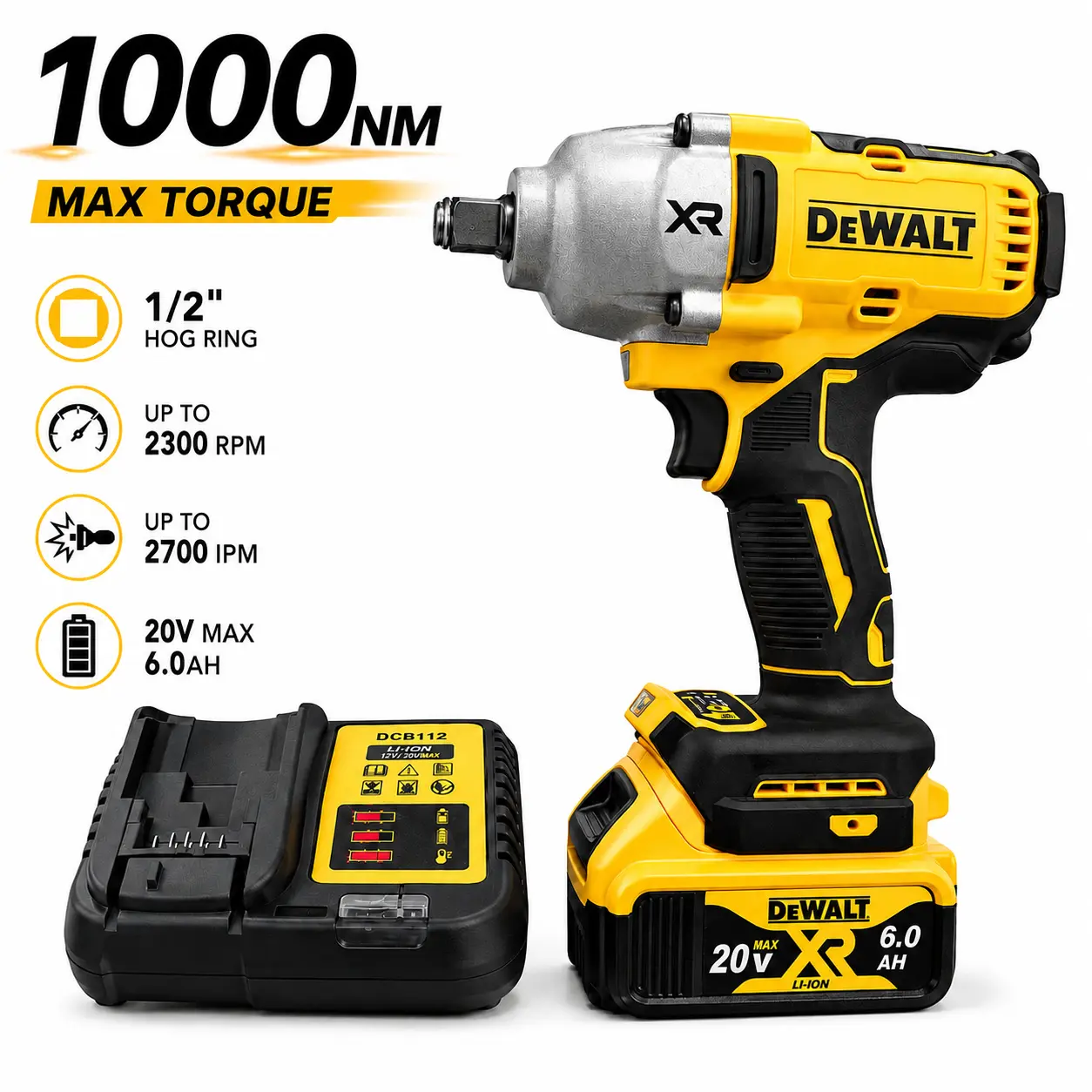 DEWALT DCF900 20V Brushless Cordless Impact Wrench, 1/2" Hog Ring Anvil, High Torque Hand Tool for Tools & Hardware Applications
