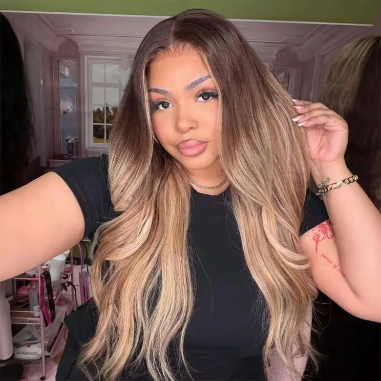 UNICE Glueless Wigs Human Hair, 13x4 Lace Frontal Honey Blonde Balayage Body Wave Wig with Chestnut Brown Roots, Ready-to-Wear for Beginners, Natural Hairline, Blonde Human Hair Wig