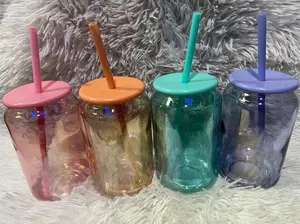 Iridescent Glass Cup with Lid and Straw
