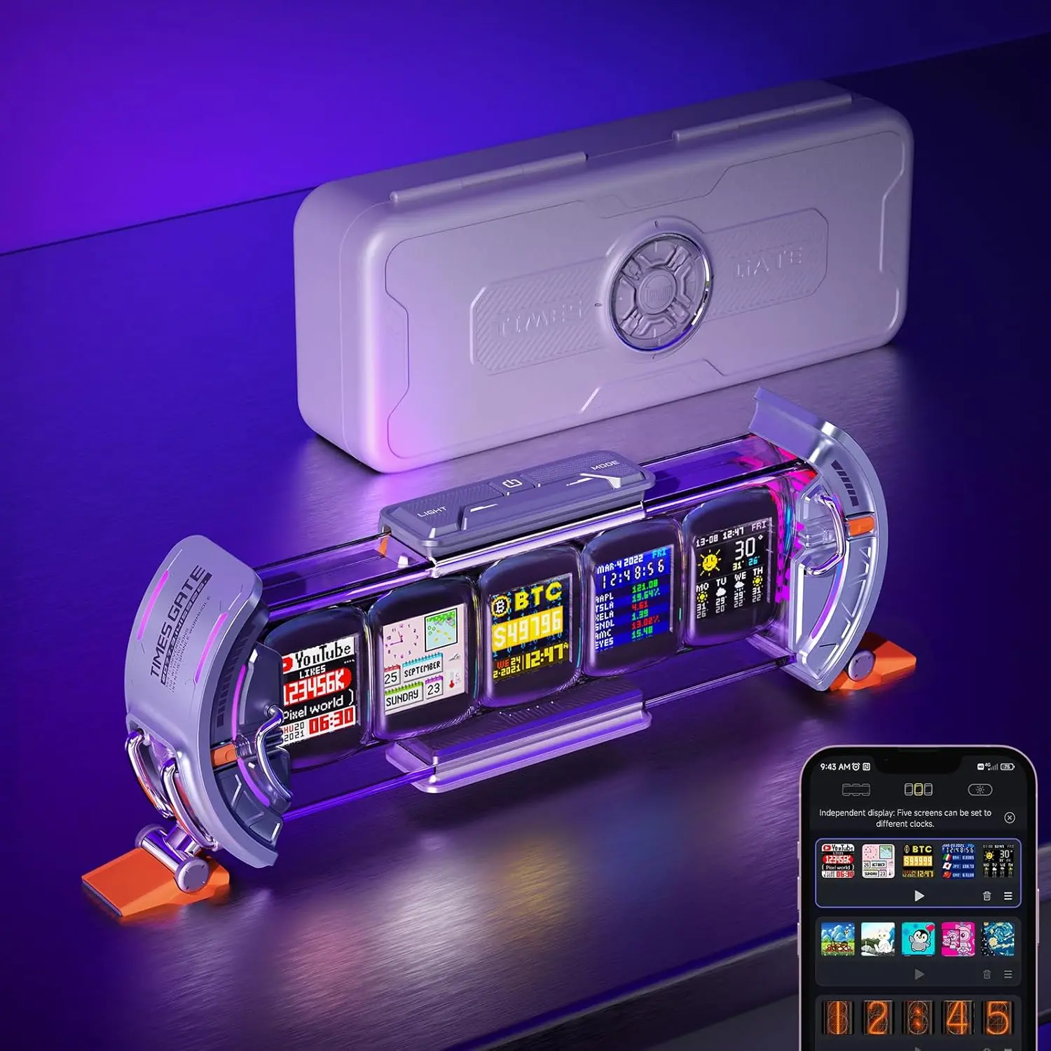 Divoom Times Gate - Cyberpunk Gaming Setup Digital Clock with Smart APP Control, WiFi Connect, RGB LED Display, Personalized Dashboard, Pixel Art for Gaming Room & Office Decor