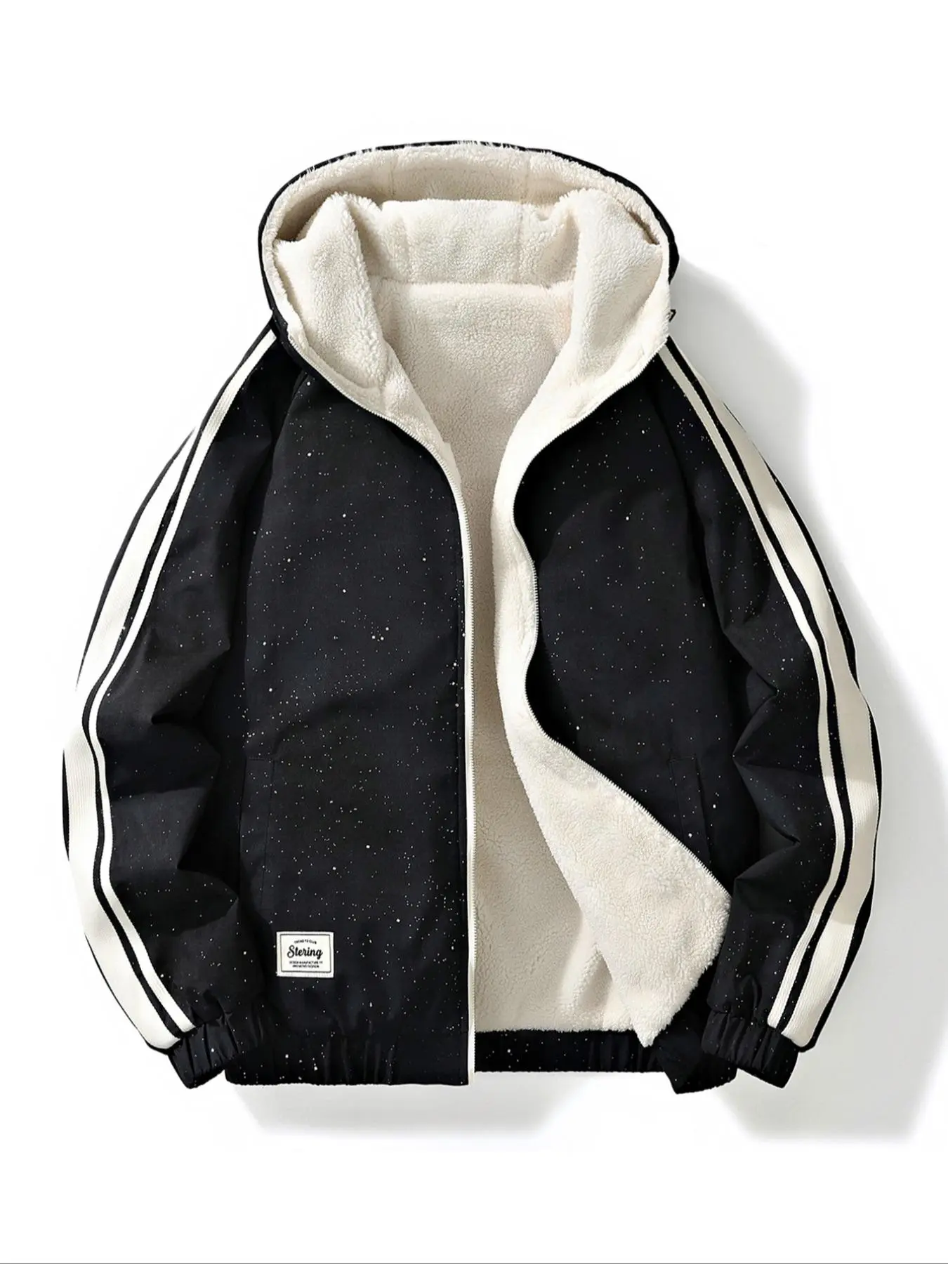 Men's Side Stripe Patched Pocket Thermal Lined Reversible Hooded Jacket, Casual Regular Fit Long Sleeve Zip Up Outerwear for Fall & Winter, Men's Clothes for Daily Wear