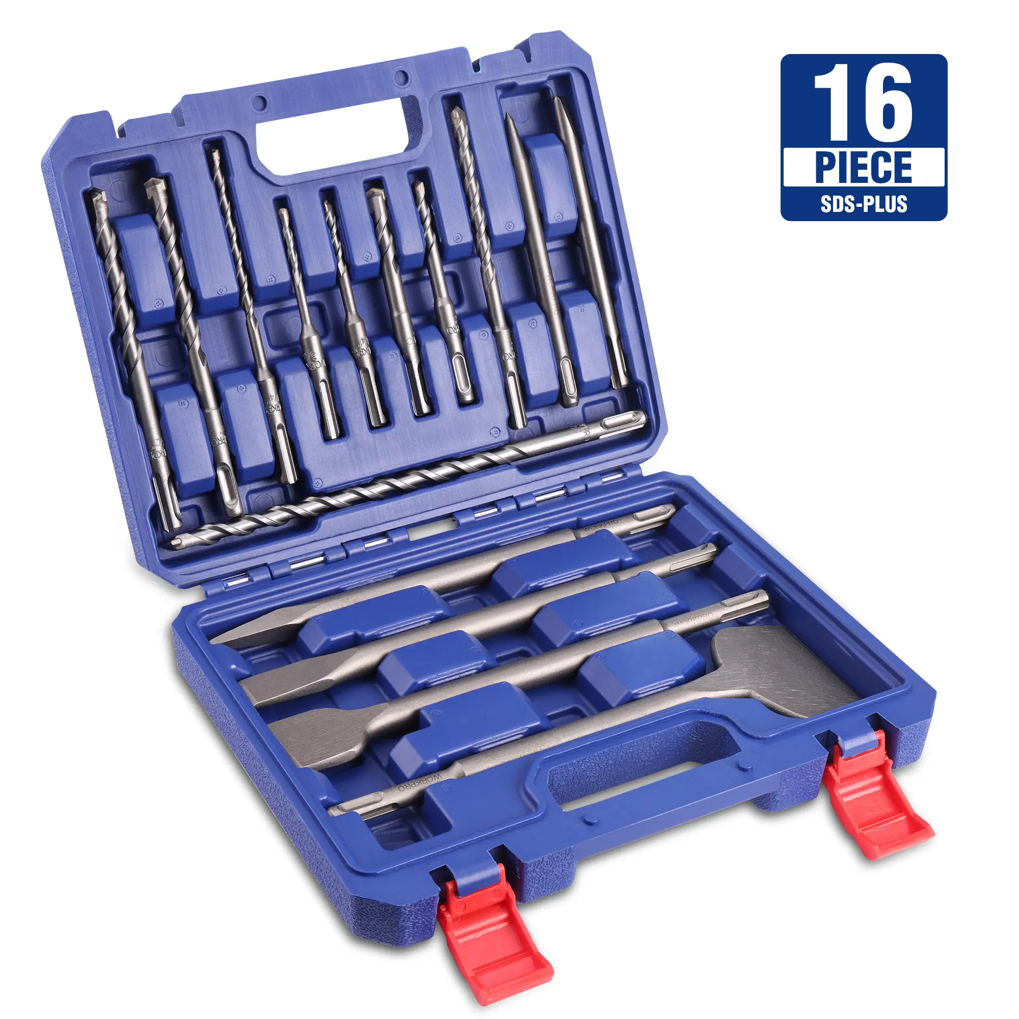 #toolupgrade WORKPRO 16-PACK SDS-Plus Rotary Hammer Drill Bits and Chisel Set, Carbide-Tipped Masonry Drill Bits and Chisels for Concrete, Stone, Brick, with Storage Case, SDS Chuck Fit Only