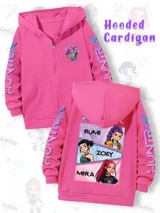 Girls Kpop Demon Hunters Korean Series Hoodie, Spring & Fall Comfortable Fashion Zipper Hooded Sweatshirt, Creative Star Print