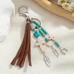 Retro ethnic style alloy horseshoe feather cross leather rope tassel pendant keychain hanging decoration pendant - perfect for daily wear or gift