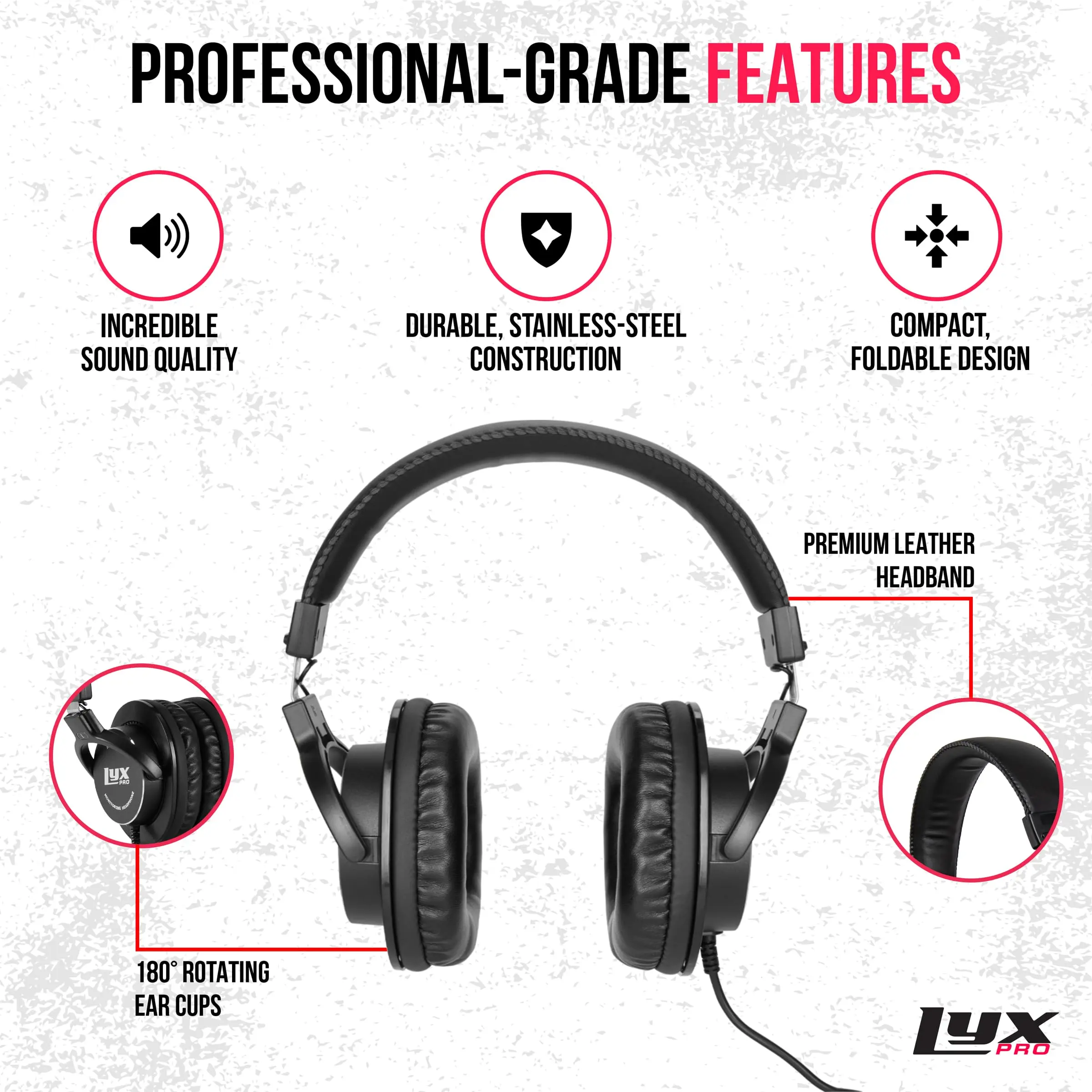 LYXPRO HAS-10 Professional Studio Monitor Headphones Closed Back 45mm Neodymium Drivers NdFeB Magnet 180° Rotating Ear Cups Lightweight Durable Music Listening Piano Sound Isolation