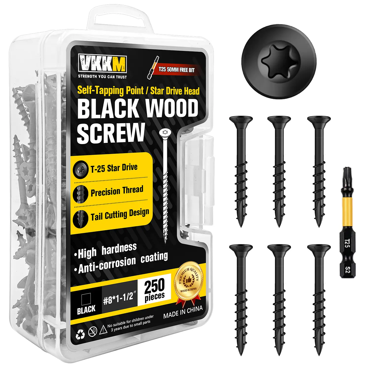 VKKM 250PCS #8 x 1.5in Heavy Duty Black Wood Screws, Torx T25 6-Point Anti-Stripping Self-Tapping Fasteners, Quick Start Tip Anti-Split Rustproof S2 Steel T25 Bit for Fence Installation, DIY Carpentry Projects, Decking