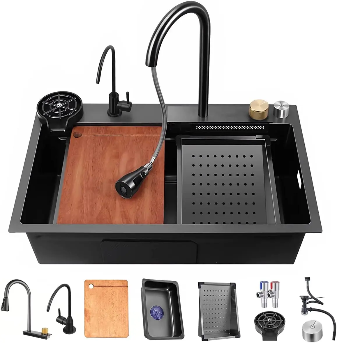 Bronstartz 31.5*18 INCH Nano Black Flying Rain Drop In Stainless Steel Watefall Kitchen Sink  Single Bowl with Pull Down Faucet Set Accessories Included