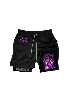 Men's Summer 2-In-1 Anime Demon Slayer Graphic Fitness Shorts, Quick-Dry Sports Training Shorts, Casual Street Running Shorts with Pockets