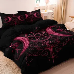 3pcs Set Black Background Pink Red Triple Moon Pentagram Decorative Duvet Cover Gothic Celestial Floral Bedding Occult Style Bed Linen for Home Bedroom Dormitory and Hotel Use (1 Duvet Cover + 2 Pillowcases No Comforter No Pillow)
