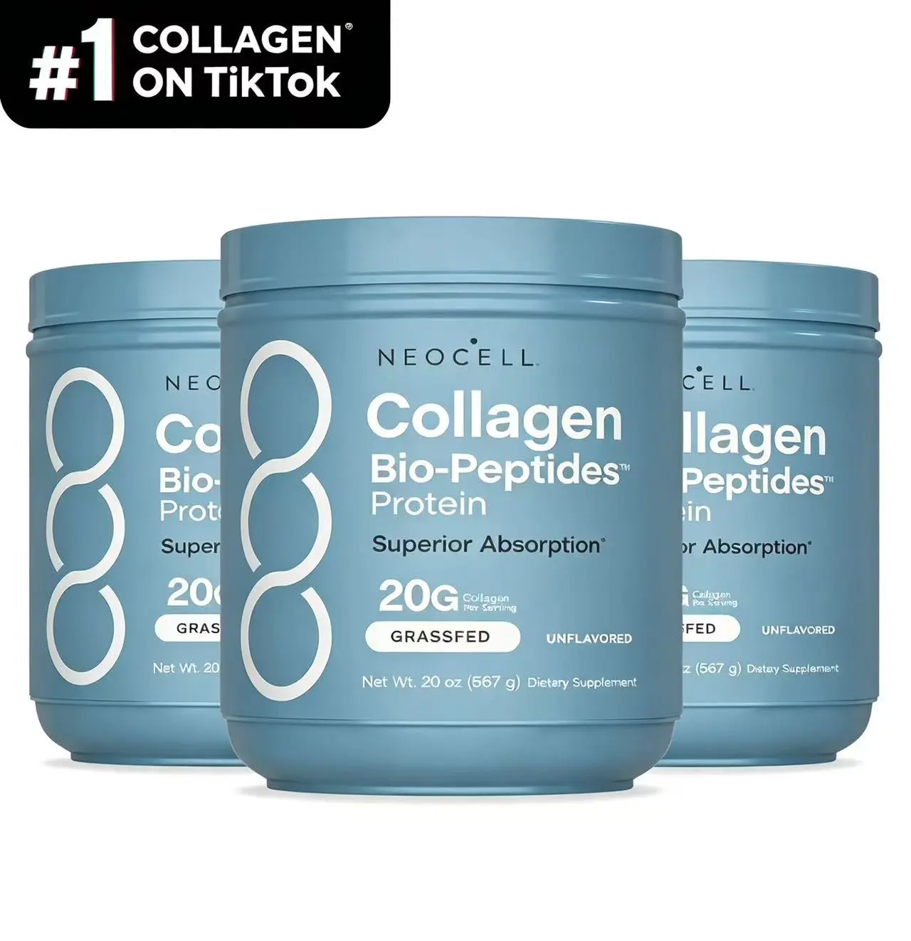 3 Bottles of  NeoCell Collagen Peptides Powder 20oz - Grassfed Protein Supplement - Advanced with 18 Essential Amino Acids