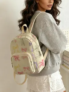 bow pattern 2D printed lady's backpack, corduroy texture, layered storage, light weight reduction, perfect for students to go to class/shopping/short trips, Lightweight Casual Daypack