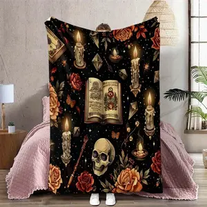 Halloween Gothic, Candle & Book Print Fleece Throw Blanket - Soft Warm Plush Blanket Couch, Sofa, Travel Enthusiasts, Lightweight Bedroom , Picnic Blanket, Car Travel Rest Cover, FlannelDigital Printing, All-Season Multipurpose