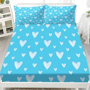 3pcs Bedding Set (1 Fitted Sheet + 2 Pillowcases), Blue Heart Pattern Digital Print, Breathable Polyester Fiber, All Seasons