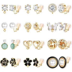 FASACCO 12pairs Clip on Earrings for Women Sparklrd Crystal Clip Earrings CZ Cute Butterfly Flower Pearl Clip on Stud Earrings Non Piercing Jewelry