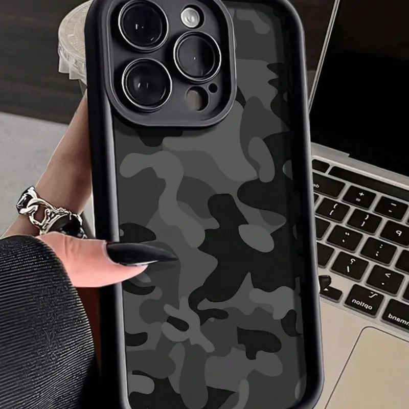 Matte Black Gray Camouflage Lightweight Durable Tactical Phone Cover, Shockproof Protector for iPhone 11-17 Pro Max/Plus/Mini, E Series & Samsung S21-S26, A13-A54, Note 20