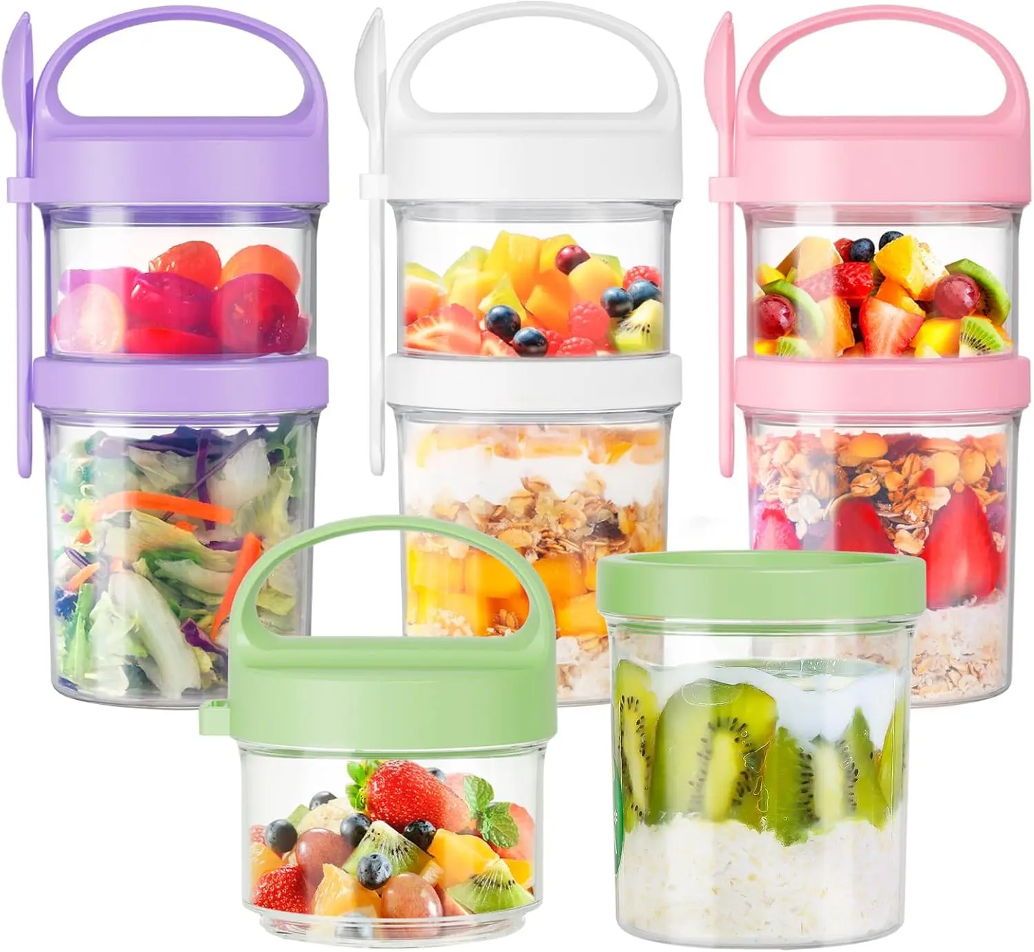 4-Pack 31oz Dual-Layer Reusable Plastic Kitchen Food Storage Containers with Leakproof Kid-Easy Lids & Silicone Utensils Spoons - Cereal Cup, Gym On-the-Go Use, Maintains Freshness, Easy to Use & Clean