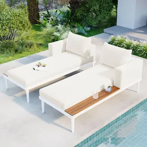 Direct Wicker UBS-SP100013AAA Outdoor Garden Daybed, Modern Lounge Chair with Wood Topped Side Spaces for Drinks