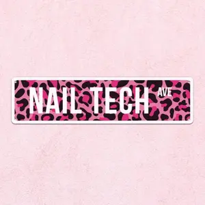 "Nail Tech" Pink Leopard Print Vintage Metal Street Sign - Nail Salon Club Wall Decor | Retro Beauty Studio Art | 4x16 Inch