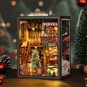DIY Christmas Shop Creative 3D Book Stand Model Kit, Handmade Assembly Book Holder with Miniature Scene, Perfect Gift for Holidays, Wooden DIY Kit Building Set