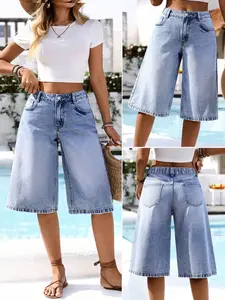 Women's Casual Fashion Denim Solid Wide Leg Mid-Thigh Pants, Loose Fit, Comfortable and Stylish Everyday Jeans for Daily Wear, Bottom, Perfect for Spring and Fall, Womenswear