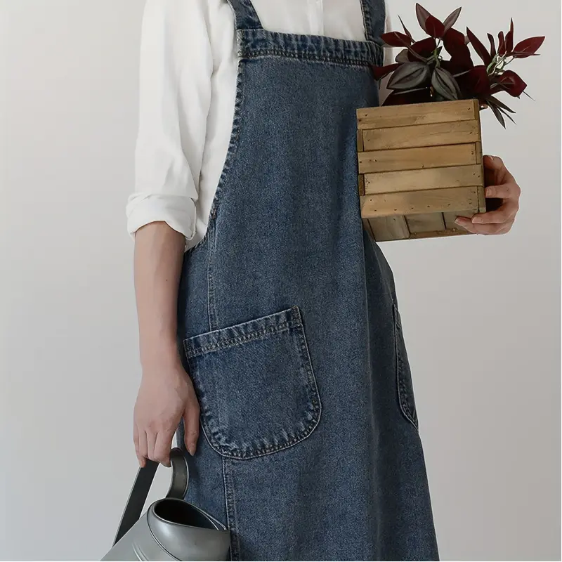 1PC Vintage Denim Canvas Apron with Pockets - Adjustable Work Cooking Apron for Kitchen and Restaurant