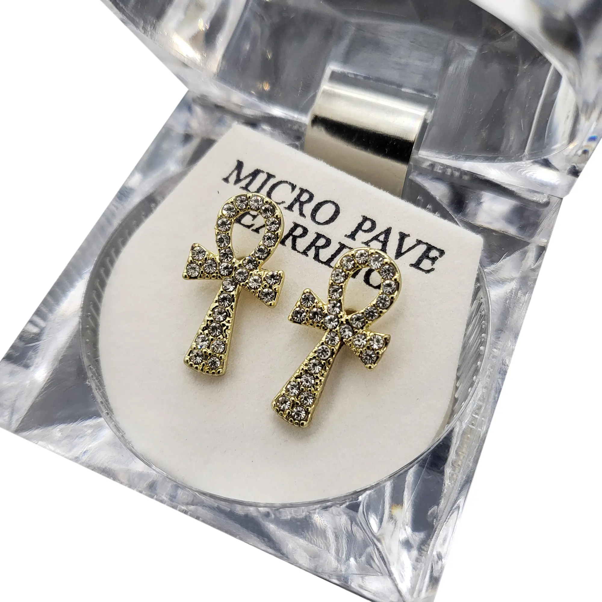 MaxBling81 Iced Cubic Zirconia Ankh Cross Studs Earrings - Unisex 14-Karat Gold/Silver Plated Iced Stones Metal Plating Gold Studs Earrings for Daily Wear Costume Jewelry, Cross Engraved Earrings