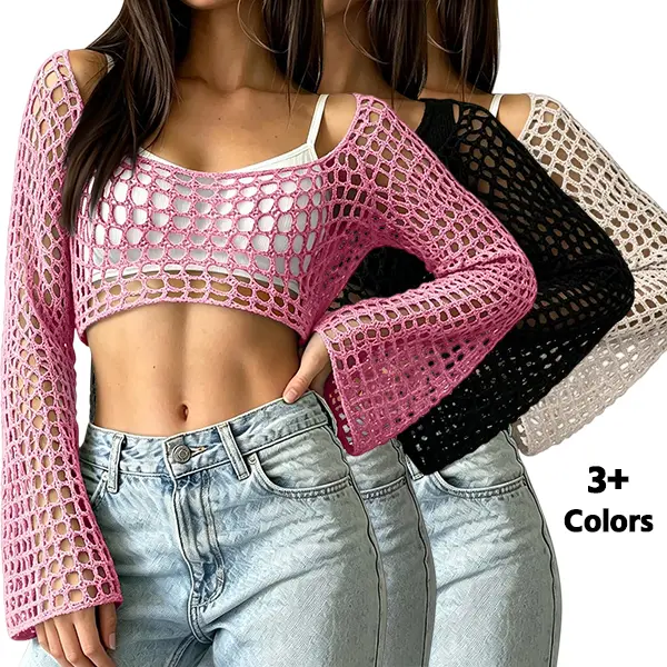 Women’s Y2K-style cropped knit top with openwork mesh, drop-shoulder off-the-shoulder design, sheer long sleeves, available in black, pink, and beige—ideal for everyday wear and outings., Cardigan, Knitwear, Beach