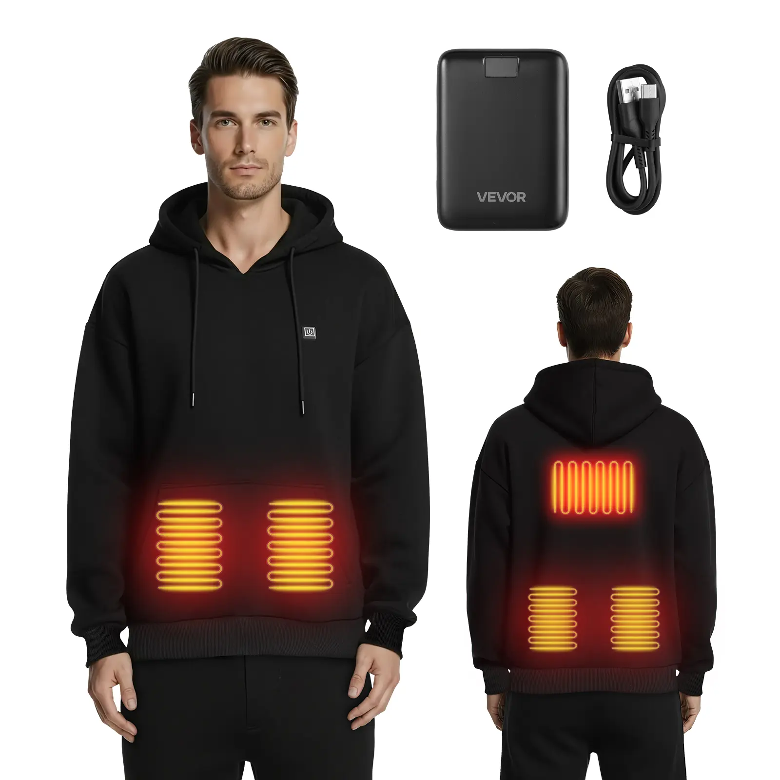 VEVOR Heated Jacket, Unisex Cotton Fleece Hoodie Tops with 5 Heat Zones, 3 Temp Levels & Included 16000mAh Battery Pack, Menswear, Sweatshirt, Pocket, Outdoor, Layer, Polyester, Wrinkle Resistant, Cotton Blend, Heating Zones, International Sizes, Indoors,