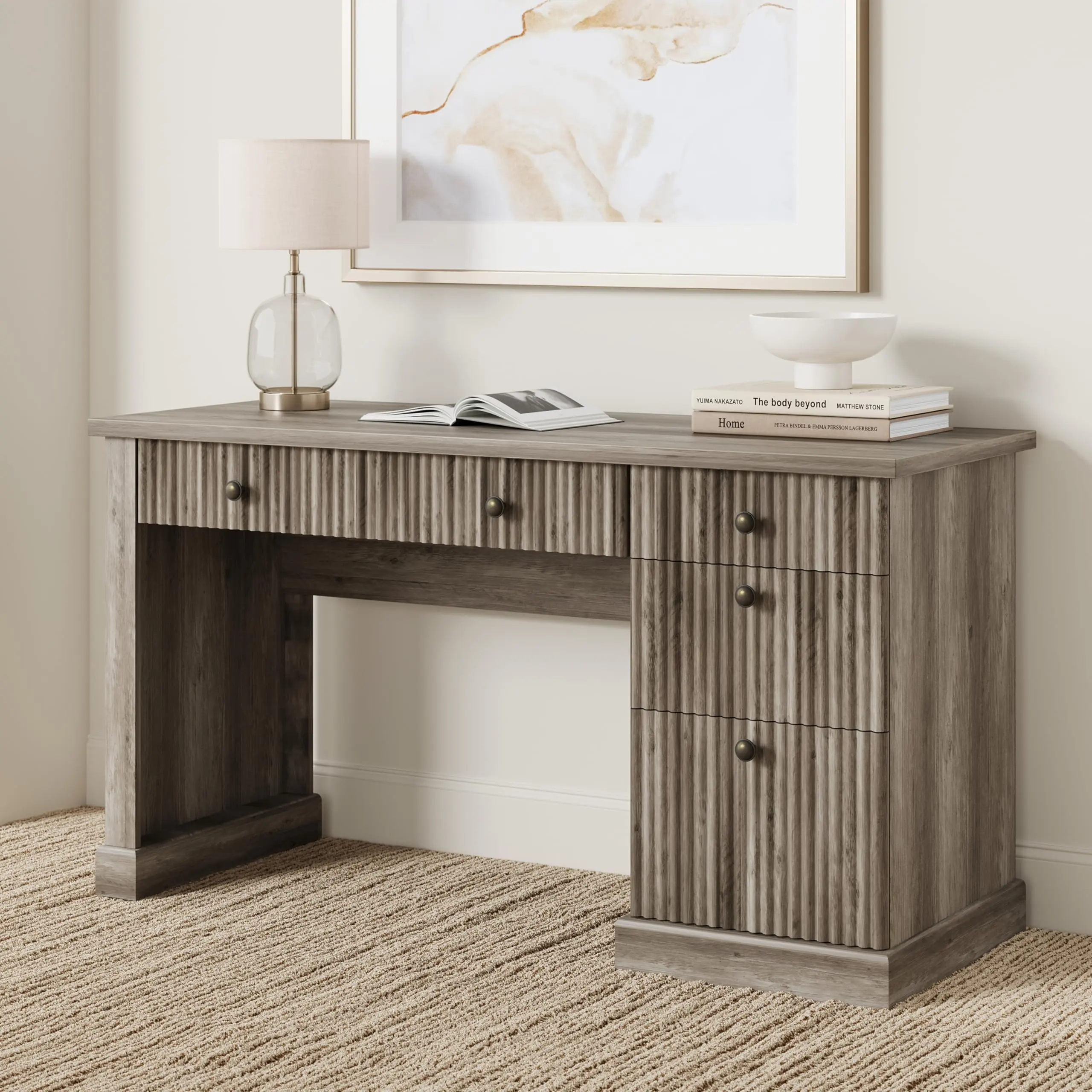 Garvee Modern 54" Executive Office Desk with Fluted Details and Built-in Charging Station, Wooden Computer Desk Featuring File Drawers and Storage, Suitable for Home Office, Study, Living Room, or Bedroom in Various Finishes
