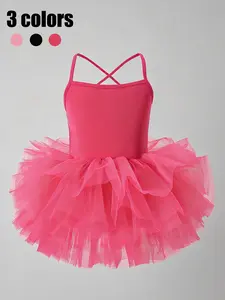 Girls' Tutu Ballet Dress, Ballerina Dress, Multi-Layered Sheer Fabric, Sleeveless Square Neck, Medium-Length Dance Costume, Back Cross Design, Party Gown