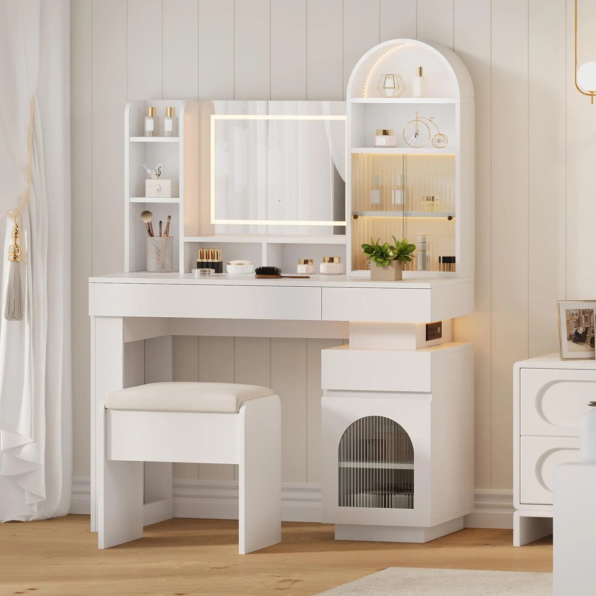 GAOMON Arched Vanity Desk with Mirror and Lights, White Makeup Vanity Table with 3 Drawers and 11 Storage Shelves, Large Dressing Table with Outlet, Light Strip & Vanity Stool for Bedroom