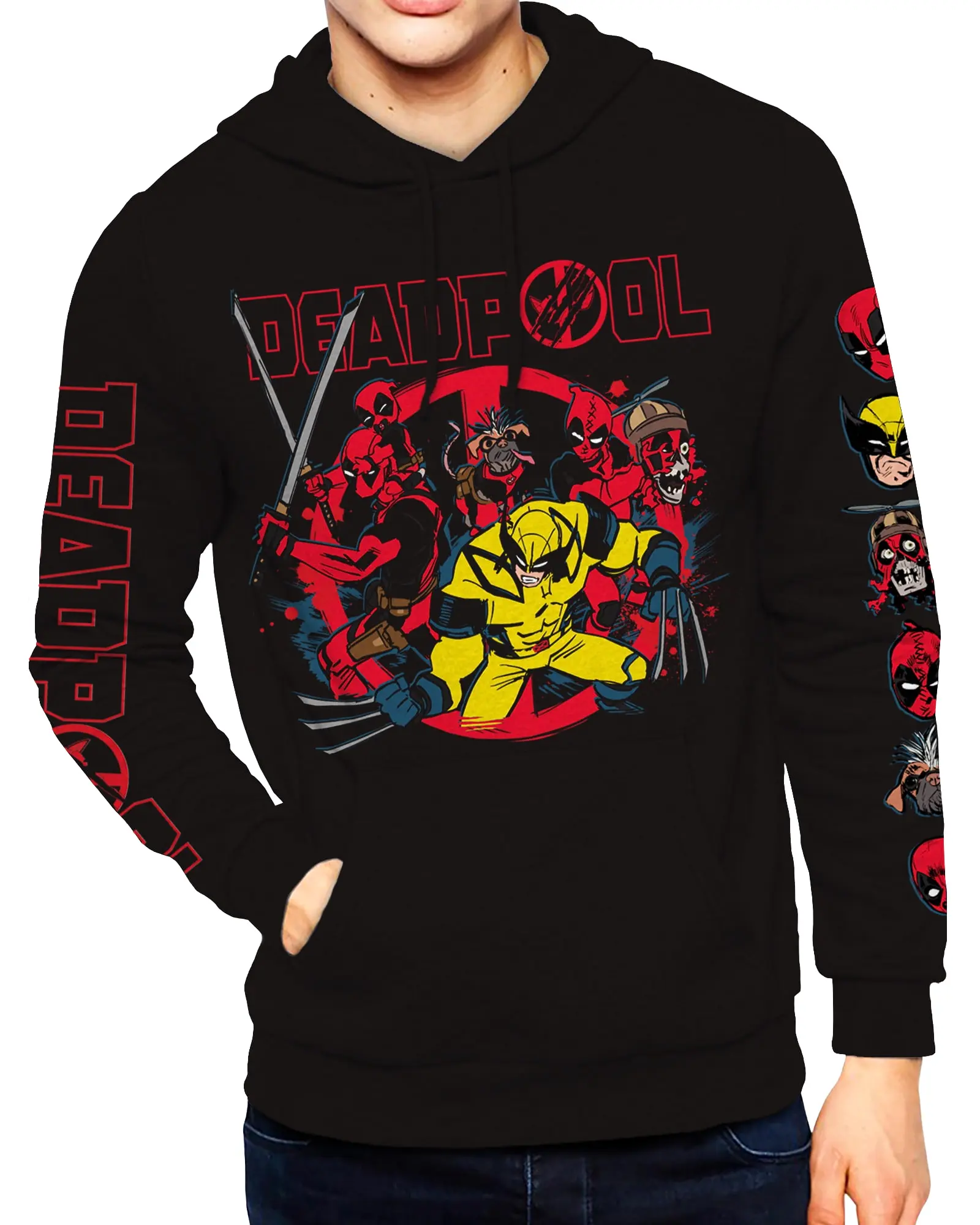 Marvel Comics Deadpool and Wolverine Hoodie Men's Front and Back Print Pull Over, Tops, Sweatshirt, Kangaroo, Menswear, Fabric, Ribbed, Relaxed Fit, Universe