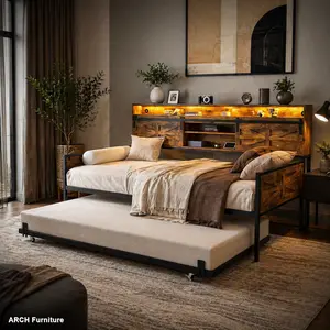 Rustic Brown Arch Twin Daybed with Trundle - Farm Style Bedframe, Sliding Barn Door Headboard, Charging Ports, LED Light, Indoor Apartment Bedroom Furniture, Twin Bed Frame