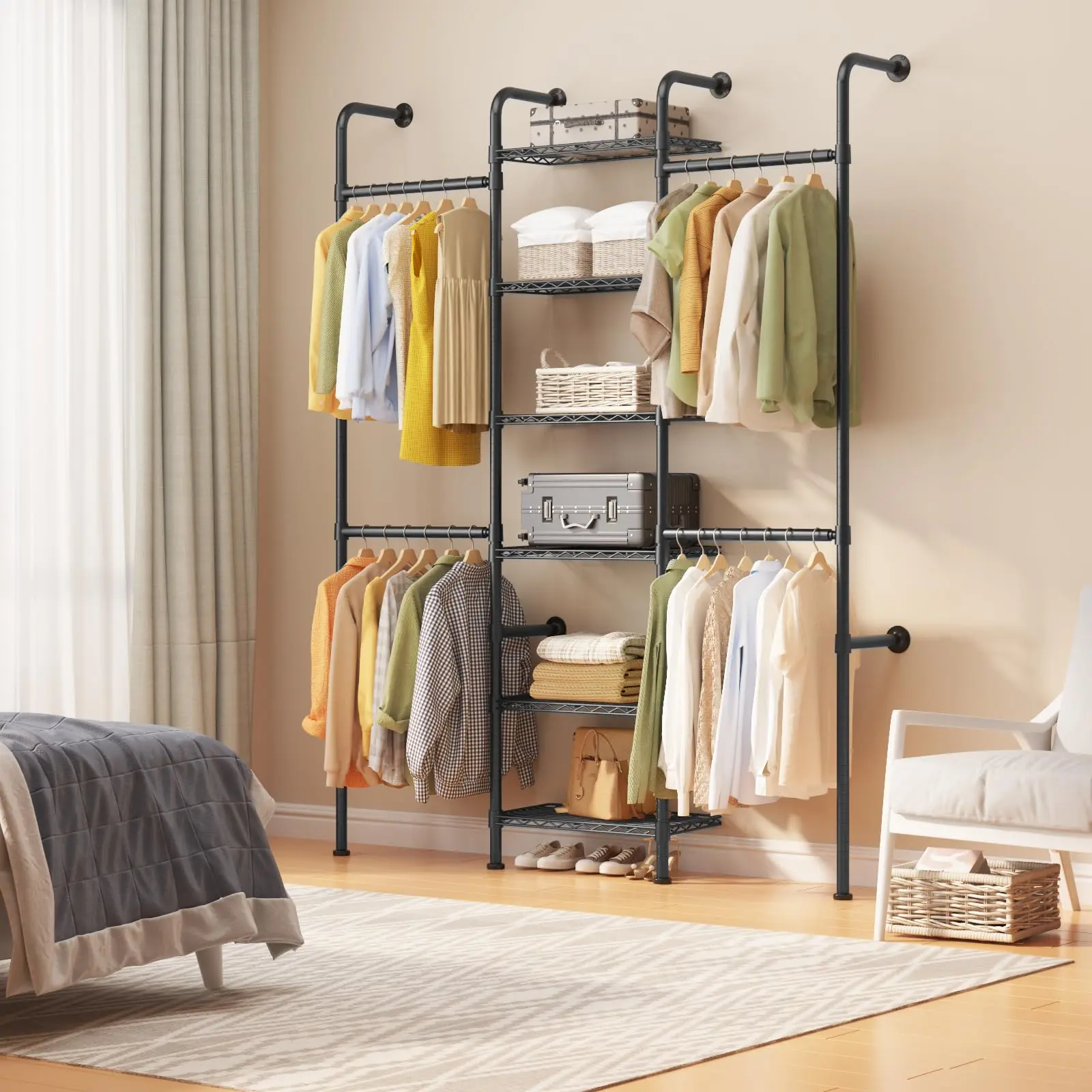 Home wall storage system – 6 sturdy carbon steel wire shelves, extendable rails from 60 to 90 cm – Ideal for organizing cupboards and kitchens.