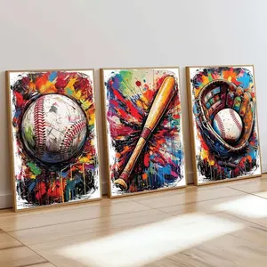 3pcs/set Unframed Retro Graffiti Home Run Wall Art Canvas, Boys Room and Man Cave Baseball Wall Art,Cool & Vintage Baseball And Glove Decor