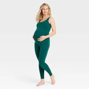 Seamless Long Unitard Maternity Jumpsuit - Isabel Maternity by Ingrid & Isabel Teal Green XS: Sleeveless Scoopneck, Skinny Leg