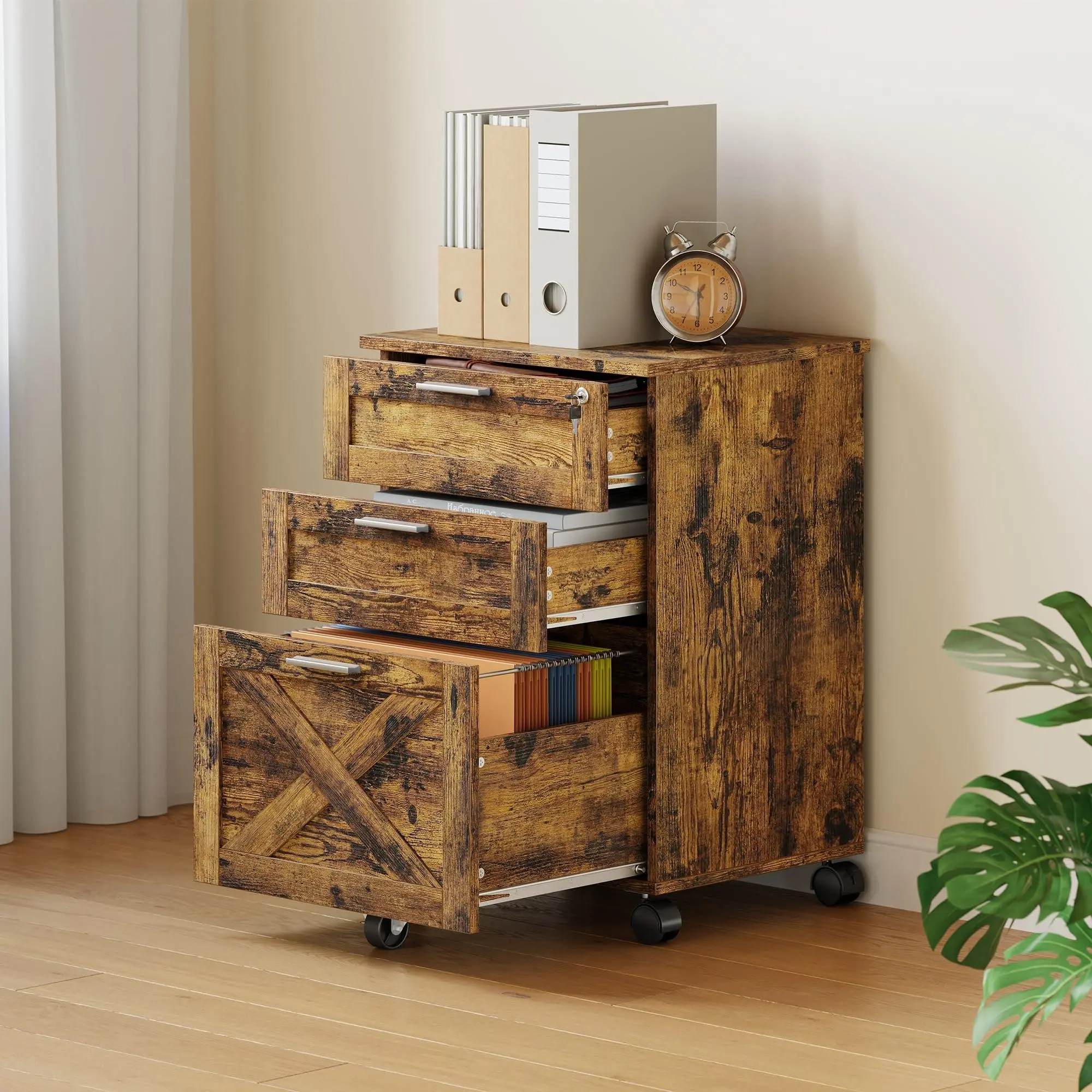 Retro 3-Drawer Locking Mobile Wooden File Cabinet with Wheels - Under Desk Rolling Storage Organizer for Letter, Legal, A4 Files, Home Office Furniture