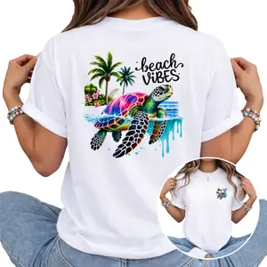 Women's Fitted Round Neck Short-Sleeve Sea Turtle Graphic T-Shirt, Soft Coastal Beach Vibes Top for Summer Vacation Casual Outfits