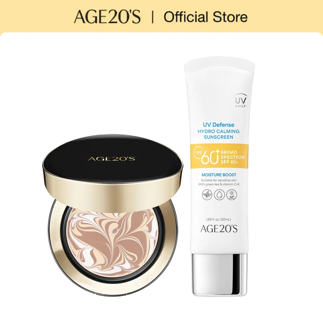 age 20's Signature Essence Pact & Calming Sunscreen Set with Green Tea - Compact Concealer & Foundation (SPF 50+), Gentle Daily Sun Defense (SPF 60+), Lightweight, Dewy Glowing Makeup, Even Skin Tone, Foundation Routine Beauty Product, Cosmetic, Beauty Pr