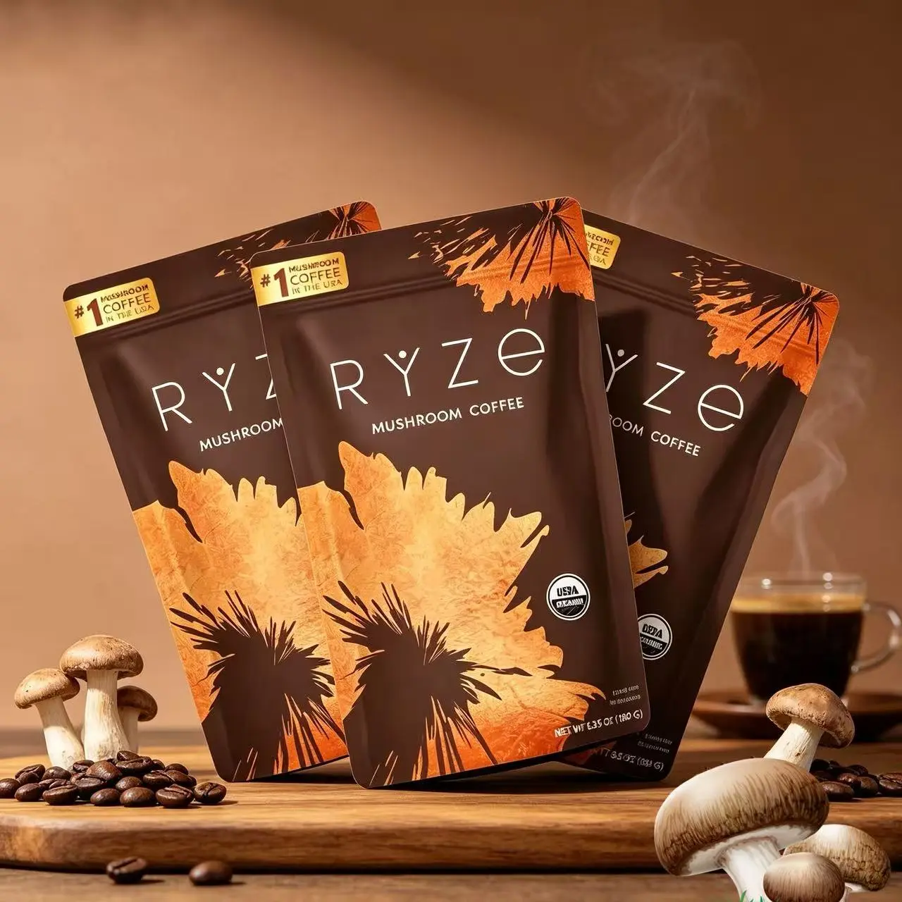 RYZE SUPERFOODS Organic Mushroom Coffee Powder - USDA Organic Medium Roast Instant Coffee, USA-Grown, 6 Adaptogenic Mushrooms (Lions Mane, Turkey Tail), No Hidden Additives, Supports Energy, Focus, Immunity, 30 Servings