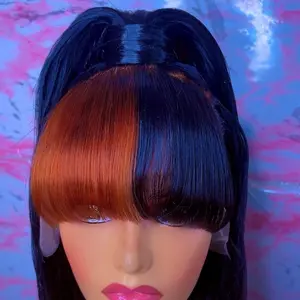 Wear and Go Wig Half Up Half Down Ponytail with Bangs 1B/4  12inch Straight Hair Daily Use for Glueless Wig for Easy Application.