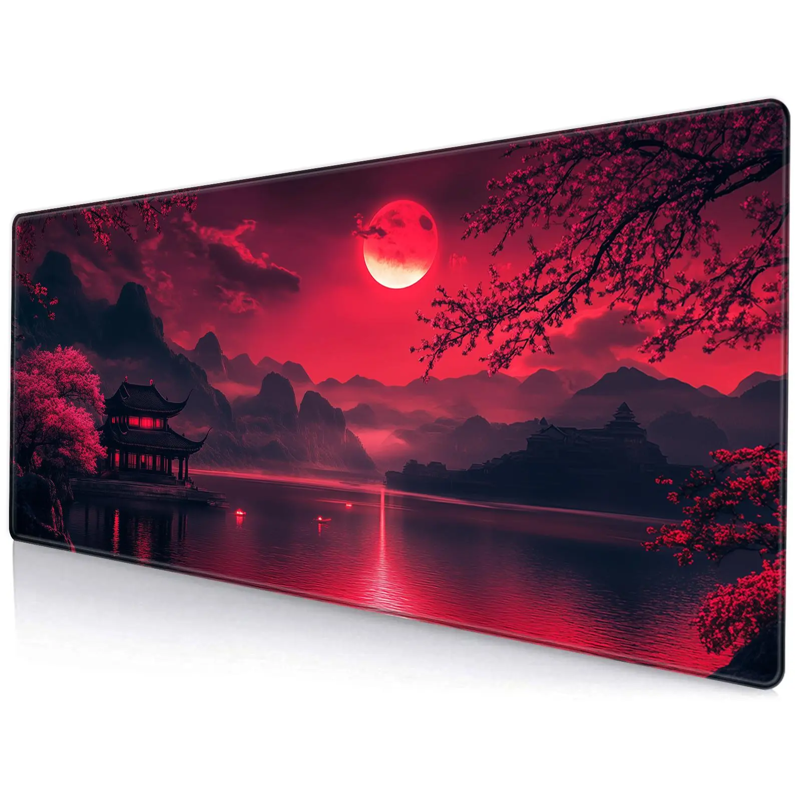 Chinese Moon & Mountain Pattern Desk Pad, Gaming Mouse Pad, Extended Keyboard Pad, Laptop Mouse Keyboard Pad, Suitable for Office Desk Decor, Desk Accessories