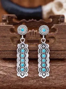 Vintage Boho Long Striped Carved Turquoise Dangle Earrings, Unique Bohemian Ethnic Style Turquoise Earrings, Perfect for Daily Gatherings and Festive
