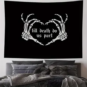 Gothic Romance Skeleton Hands 'Till Death Do Us Part' Tapestry Wall Hanging - Peach Light Beige Fabric, Black & White Gothic Decor for Bedroom, Dorm, Wedding - 40*60INCH, Easy to Hang Lightweight