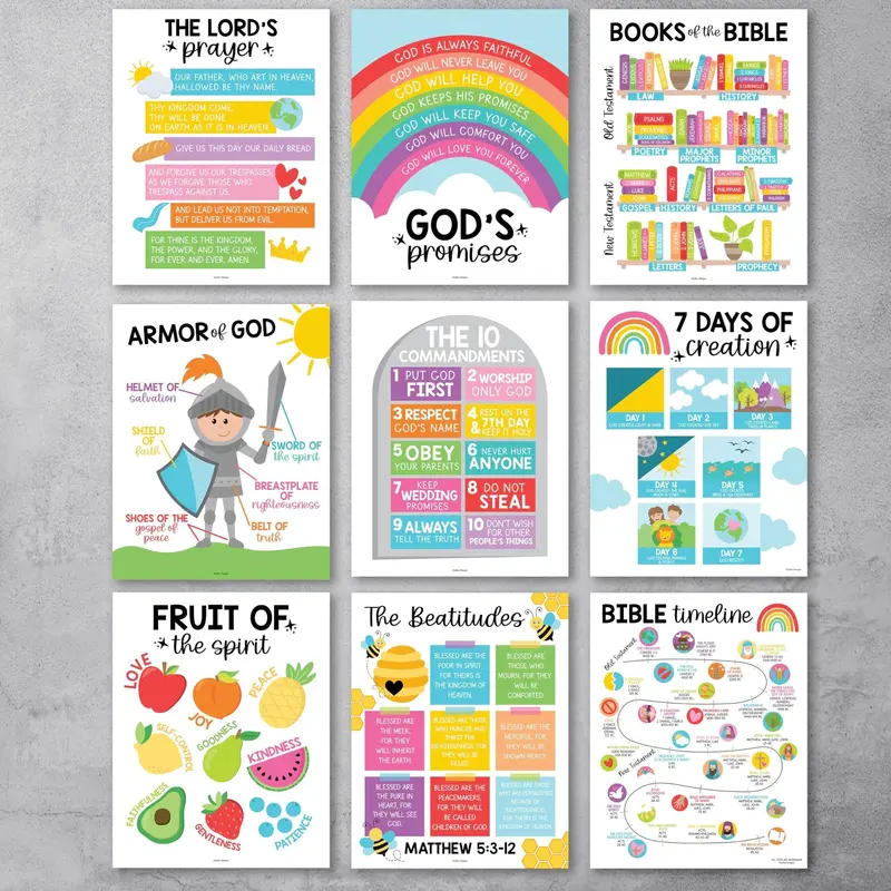 Colorful Rainbow Bible Posters | Set of 9 | Sunday School Classroom Art Stickers Visual Learning Tools