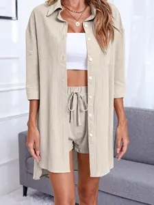 A set of women's casual Fitted solid color shirts, suitable for all seasons, suitable for home, indoor, and outdoor wear, Womenswear