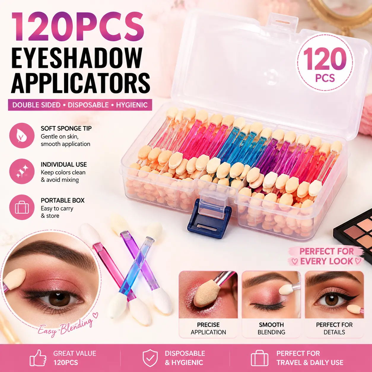 120PCS Double Sided Eyeshadow Applicators with Storage Box, Disposable Sponge Makeup Brushes for Eye Makeup and Cosmetic Application