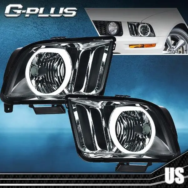 G-PLUS (GM-Plus) Vehicle LED Aftermarket Headlights Lighting Assemblies & Components Pair Set for 2005-2009 Ford Mustang, Smoke/Chrome Halo Look DRL Replacement, New Plug-And-Play, Better Road Light for Night Driving