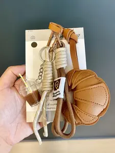 Melad Color Brown Simulated Cow Horn Bag Pendant, Beige Woven Hanging Rope Paired With Mini Simulated Milk Tea Cup Pendant, Pu Leather Teddy Bear, Unique Valentine's Day Gift, Matched With Various Bag Keys, Bag Charm Set, Bag Decoration, Charms For Bags